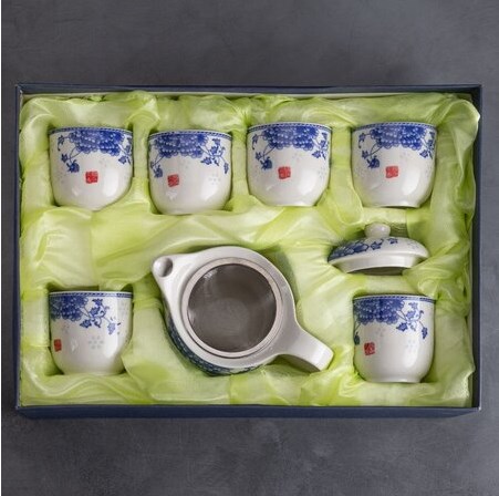 Чайный сервиз Синий цветок (керамика) 7 предметов (чайник с метал. ситом)