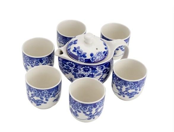 Чайный сервиз "Синие цветы и бабочка" (керамика) 7 предметов (чайник с метал. ситом)